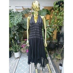Rubber Ducky Dress Large Silk Black Y2K  Whimsigoth Goth Sheer Witchy Halter